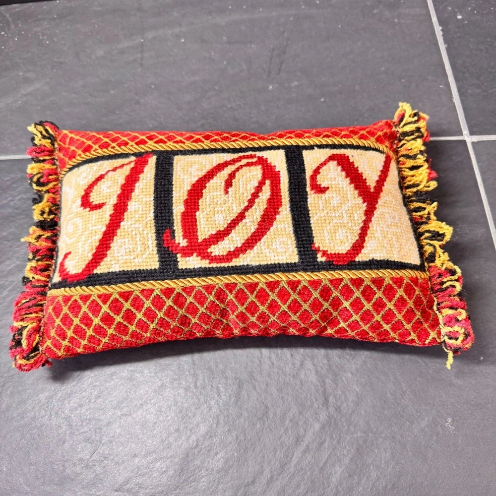 Handmade JOY Needlepoint Lumbar Pillow Red Gold Fringe Accent Decor